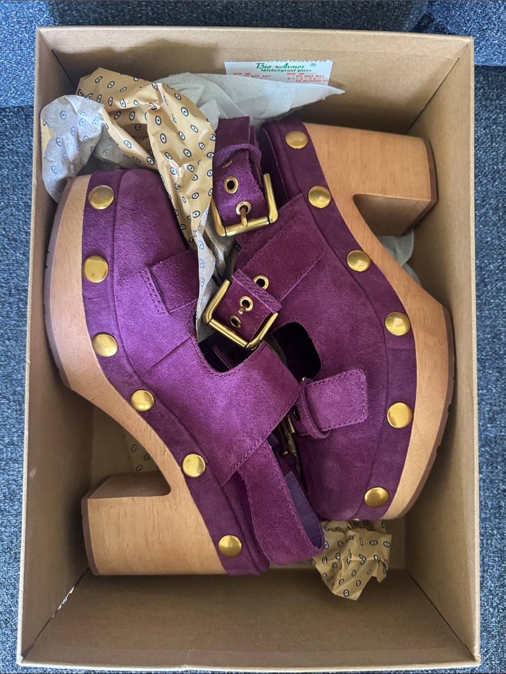 Charlotte Stone Purple Suede Platform Clog Sandals with Gold Studs
